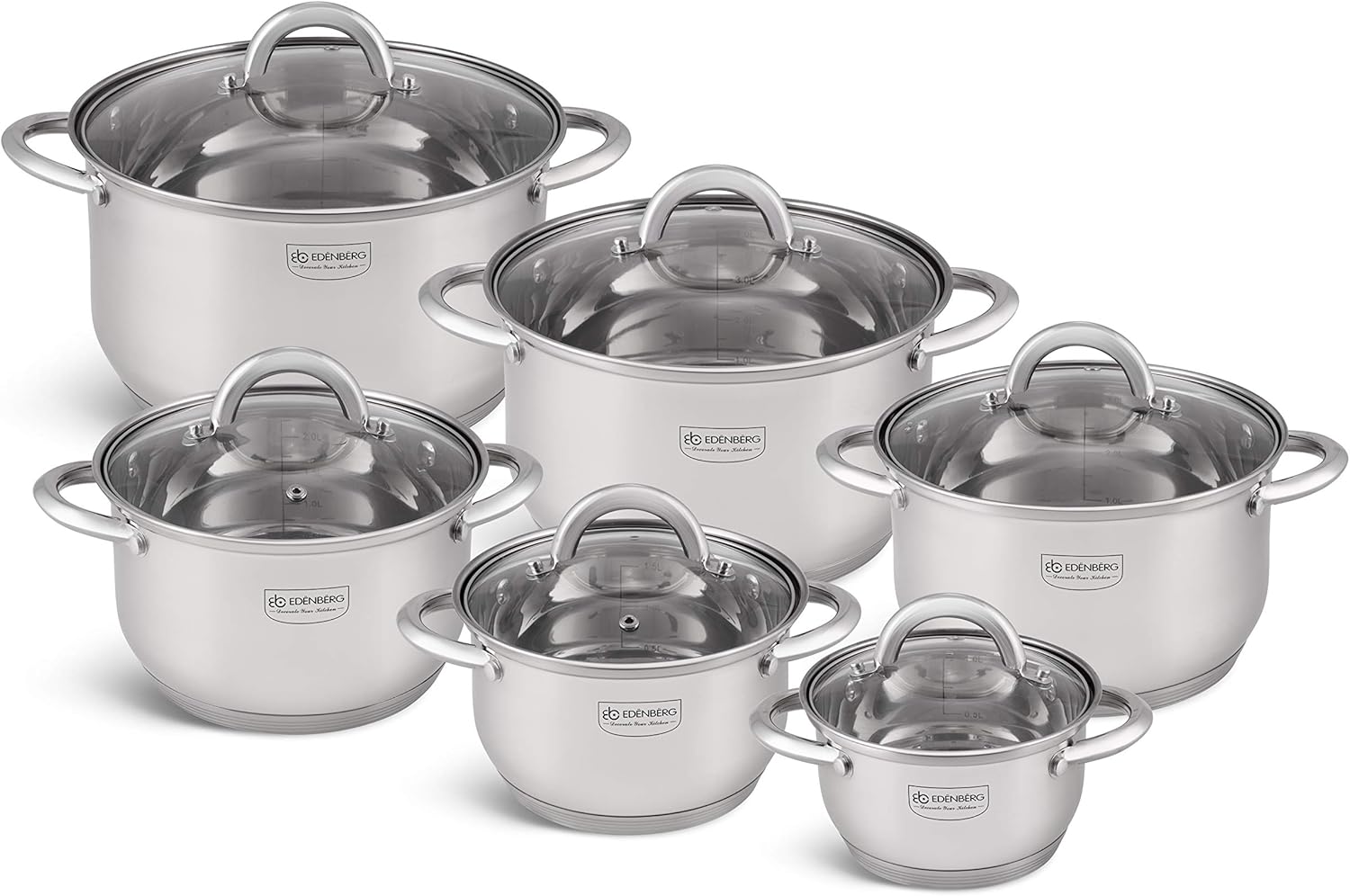 SET 12 PIECES 6 MARMITES INOX + 6 COUVERCLES VERRE/ EDENBERG