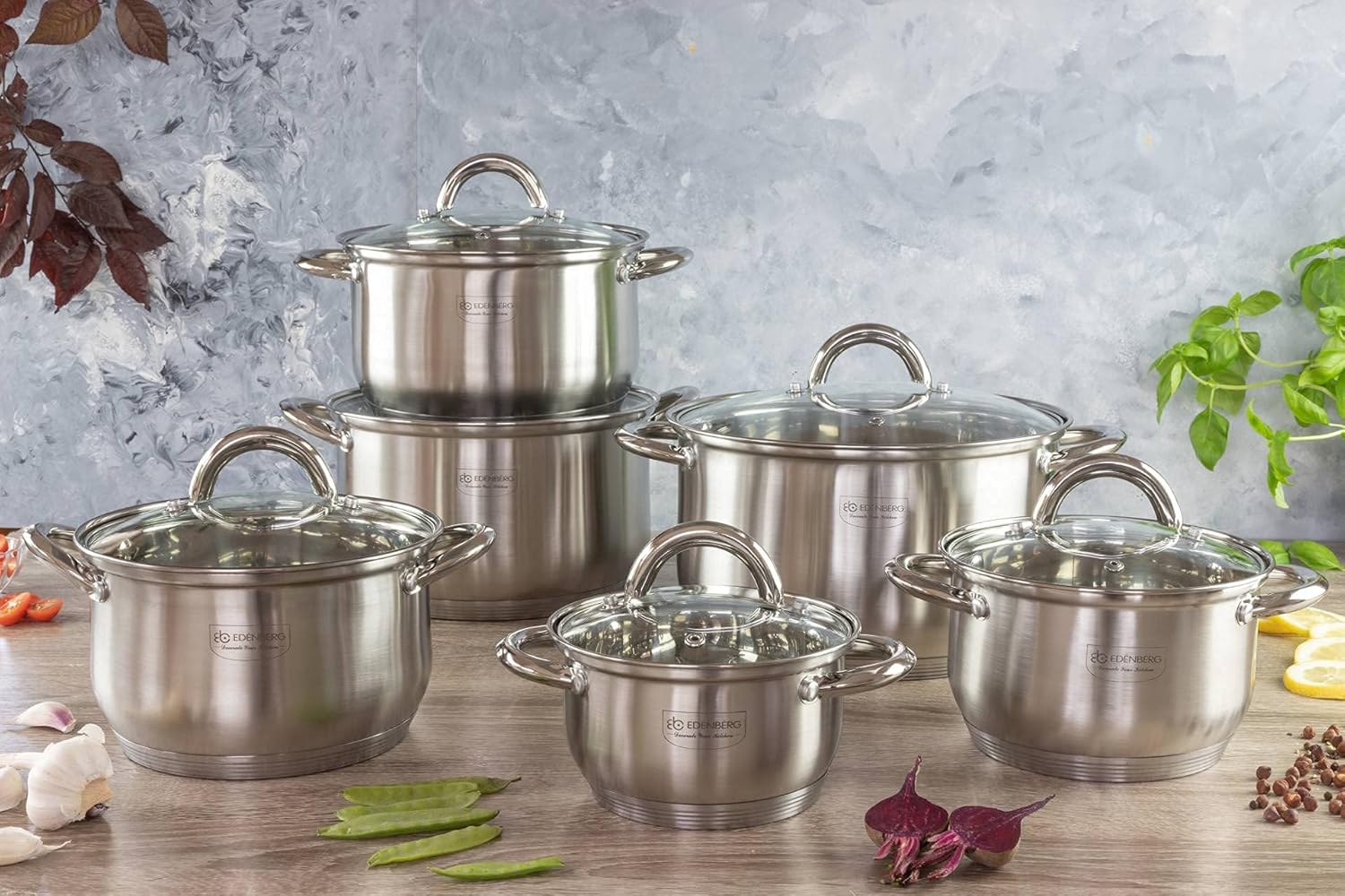 SET 12 PIECES 6 MARMITES INOX + 6 COUVERCLES VERRE/ EDENBERG